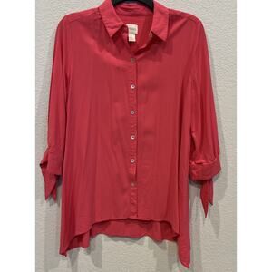 Chico’s Hot Pink Rayon Blend Button Down Blouse with Knotted 3/4 Sleeves Sz 0/Sm